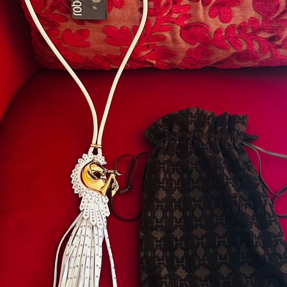 Roberto Cavalli Vintage Gold and White Leather Necklace